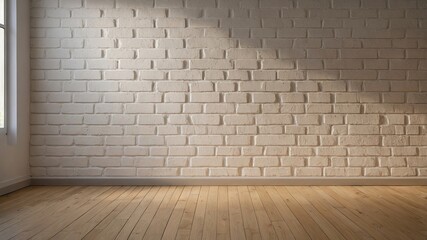 Poster - Bright, Minimalist Interior Space With White Brick Wall and Wooden Floor, Ideal for Creative Projects or Events in a Cozy Atmosphere