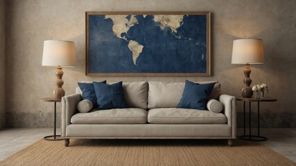 Poster - Elegant Living Room Featuring a Beige Sofa With Blue Cushions and a World Map on the Wall, Enhanced by Stylish Lamps and a Natural Rug in a Cozy Space