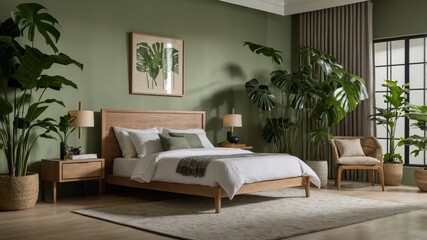 Poster - Stylish Bedroom Interior Featuring Green Walls and Modern Furniture Set Against a Backdrop of Lush Indoor Plants