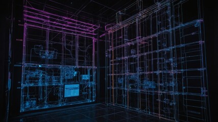 Aufkleber - futuristic technology display featuring glowing blue and pink schematics in a dark exhibition space