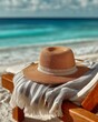 © Alexandra - Warm beach hat resting on a soft blanket near the turquoise ocean on a sunny day in summer