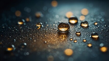Poster - Droplets of Water Glisten on a Dark Surface Illuminated by Soft Golden Light Creating a Mesmerizing Visual Effect During Late Evening Hours