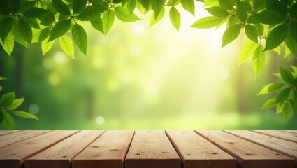 Poster - Sunlit Wooden Table Surrounded by Lush Green Leaves in a Vibrant Forest During a Serene Morning