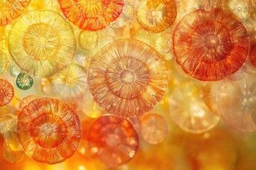 Fototapete - A mesmerizing macro image showcasing vibrant orange and yellow translucent circular structures, reminiscent of organic cells or stylized flower patterns.