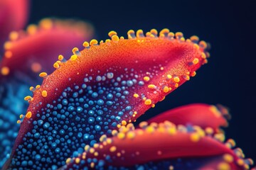 Fototapete - A captivating macro view of a coral-like structure with vibrant red, blue, and yellow details, set against a dark background.
