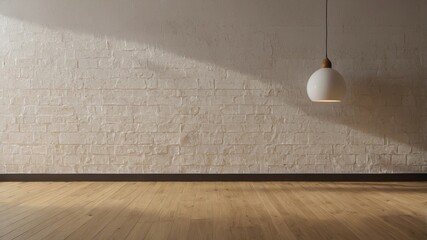 Poster - Minimalist Interior With White Brick Wall and Pendant Light Illuminating a Spacious Wooden Floor at Dusk