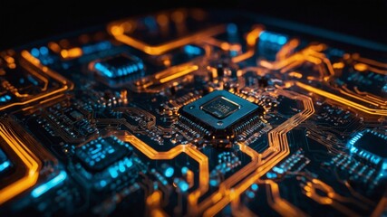 Aufkleber - Intricate Design of a Circuit Board Illuminated by Blue and Orange Lights Showcasing Advanced Technology