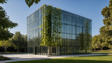 Poster - Modern Architectural Masterpiece Blends Glass and Nature in a Serene Outdoor Setting Under Bright Blue Skies