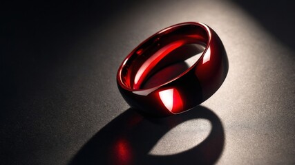 Poster - Elegant Red Ring Casts a Striking Shadow on a Dark Surface, Showcasing Its Smooth Design and Richness, Perfect for Special Occasions or as Fashion Accessory