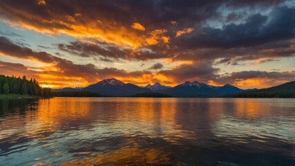 Poster - Vibrant Sunset Over a Serene Lake With Mountains in the Background Showcasing Orange and Purple Hues