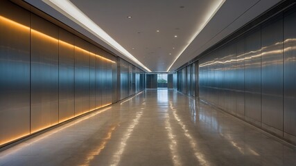 Poster - Modern Hallway With Sleek Design and Bright Lighting in a Contemporary Building During Daytime