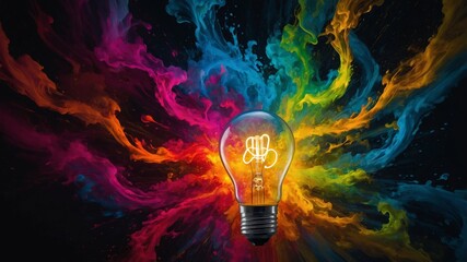 Fototapete - Colorful Light Bulb Surrounded by Swirling Vibrant Paint Splashes in a Dark Background Depicting Creativity and Innovation