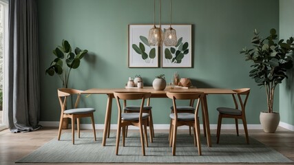 Poster - Modern Dining Room Showcasing Natural Decor and Earthy Tones With Wooden Furniture, Plant Accents, and a Serene Vibe for Peaceful Dining Experiences