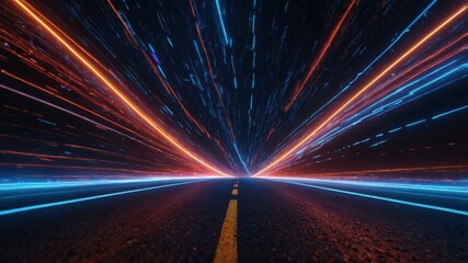 Fototapete - Vivid Streaks of Light Illuminate a Dark Road Creating a Sense of Motion and Speed During a Virtual Journey Through a Futuristic Landscape