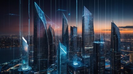 Aufkleber - Futuristic Skyline Illuminated at Dusk With Digital Elements Showcasing Advanced Architecture and Urban Development in a Modern Cityscape