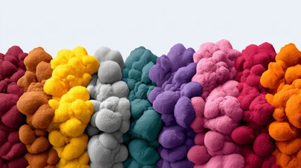Poster - Colorful pile of fuzzy balls of yarn. The colors are bright and vibrant, creating a cheerful and playful mood. The pile is arranged in a row, with each color separated from the others
