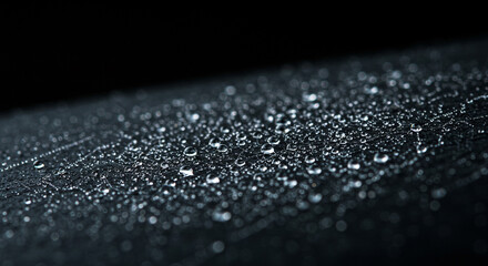 A dark surface covered in water droplets creating a glistening and reflective wet texture effect on surface