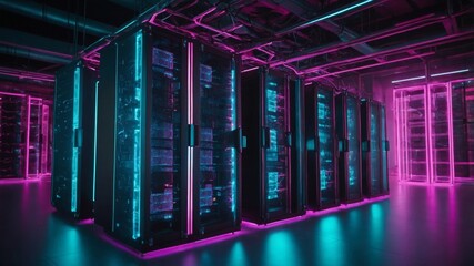 Aufkleber - Illuminated Server Room With High-Tech Equipment and Vibrant Lighting Showcasing Modern Technology and Data Processing Capabilities