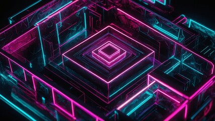 Fototapete - Neon Geometric Shapes Illuminated in Pink and Blue Colors Create a Mesmerizing Visual Effect in a Dark Environment
