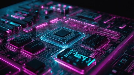 Aufkleber - Close-up View of a Circuit Board Illuminated With Vibrant Pink and Blue Lights Showcasing Intricate Electronic Components