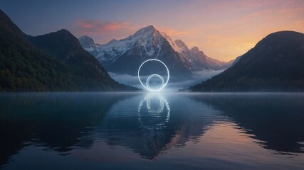 Poster - Majestic Mountains Reflect in Calm Lake at Sunset With Glowing Circles Creating a Surreal Atmosphere in a Tranquil Landscape