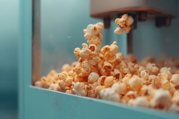 Poster - Fresh popcorn overflowing, crispy kernels falling. A delicious snack for any occasion. Sweet or salty, a perfect treat!