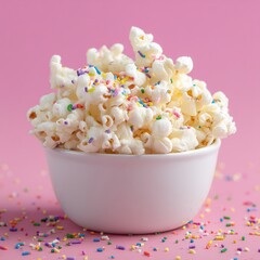 Poster - A white bowl overflowing with popcorn, covered in colorful sprinkles against a pink background, creating a whimsical treat.