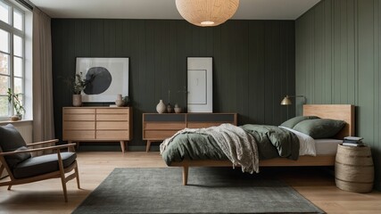 Poster - Modern Bedroom Interior With Natural Elements Featuring a Cozy Bed, Stylish Furniture, and Warm Lighting in a Serene Setting