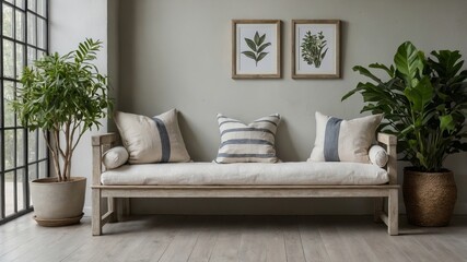 Poster - Cozy Indoor Seating Area Featuring a Wooden Bench With Pillows, Plants, and Artwork in a Serene Living Space