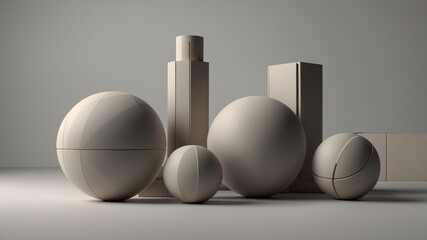 Aufkleber - 3D Geometric Shapes in a Minimalist Setting Showcasing Spheres and Rectangular Forms With Soft Lighting