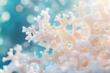 Fototapete - Delicate white coral with intricate patterns against a soft teal bokeh background, evoking serenity and underwater beauty.