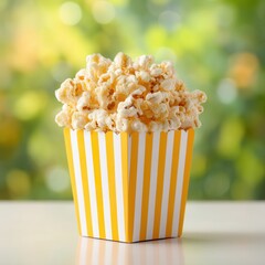 Aufkleber - Delicious popcorn spilling out of a yellow and white striped container against a blurred natural background, a tasty snack!
