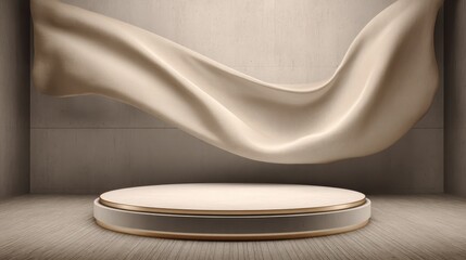 Poster - Elegant Display Space with Flowing Fabric in Modern Minimalist Interior Setting for Showcase of Products or Artistic Installations