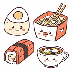 Wall Mural - Kawaii style food icons: sushi, bento, ramen, mochi, tempura, tea