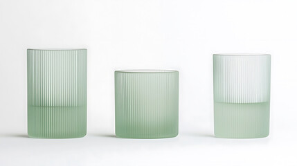 Aufkleber - Three ribbed, cylindrical, light green glass containers stand on a white background. The lighting emphasizes their smooth texture and subtle color variations.