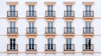 Aufkleber - Symmetrical facade of building with balconies & windows. Architectural uniformity on a white wall with decorative trim. Classic urban view