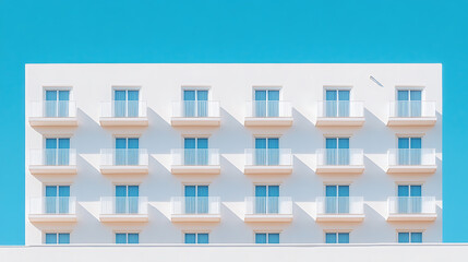 Poster - Minimalist architecture with repeated balconies against a vibrant blue sky. Geometric patterns and clean lines create a serene aesthetic.