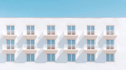 Aufkleber - Minimalist facade with symmetric balconies casting long shadows on a bright sunny day against a clear blue sky.  Modern architecture.