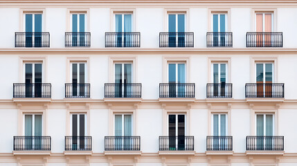 Aufkleber - Facade of an apartment building with windows and wrought iron balconies showcasing symmetry and light in architecture. #architecture #facade #symmetry