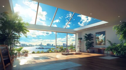 Poster - Contemporary interior living space with scenic city view modern design bright and airy environment aesthetic appeal