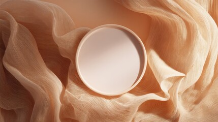 Poster - Minimalistic bowl on soft flowing fabric in gentle pastel tones, perfect for culinary, photography, and design inspirations emphasizing simplicity and elegance.