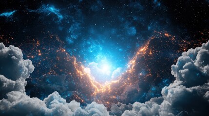 Poster - Celestial phenomenon displaying cosmic energy outer space digital art cloudy environment wide-angle view universe concept