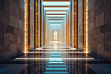 Poster - Illuminated passageway modern architecture digital artwork futuristic environment symmetrical perspective for visual impact