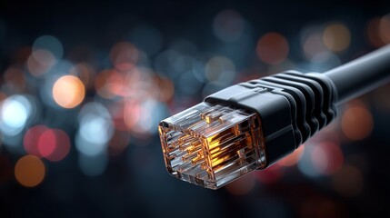 Close-Up of RJ45 Shielded Cable with Bokeh Lights, Network and Internet Technology Concept