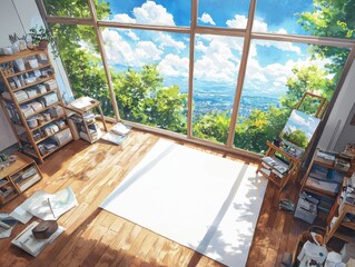 Poster - Creative studio with large windows overlooking nature artistic space bright environment cozy viewpoint