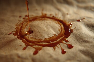 Poster - Close-up of liquid caramel being poured to create a circular pattern on parchment, enhancing textures and warm dessert aesthetics with natural lighting effect.