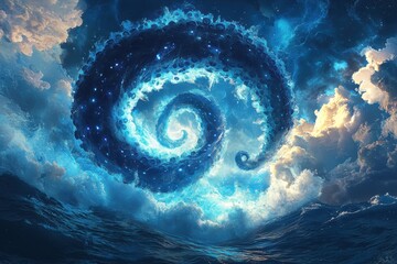 Fototapete - Majestic swirling clouds and ocean waves fantasy seascape digital art ethereal environment aerial view dreamlike concept