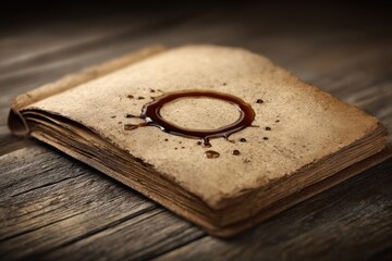 Poster - An antique book lying open on a rustic wooden table, stained with a circular coffee spill, creating an aged and imperfect aesthetic with a sense of history.