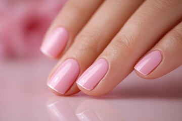 Poster - Close-up of a manicured hand with light pink nails and white tips, showcasing beauty and care, against a soft pink backdrop with a blurred floral element.