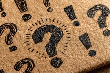 Poster - hand-drawn question marks and exclamation points on cardboard, creating a chaotic and intriguing pat